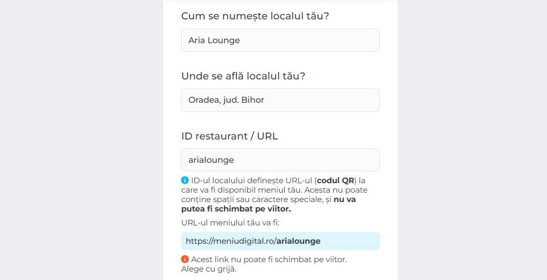 Pagina de înregistrare MeniuDigital