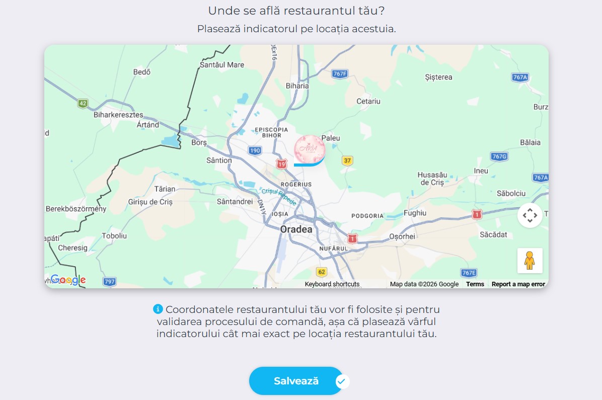 Ecran de setare a locației restaurantului pe hartă