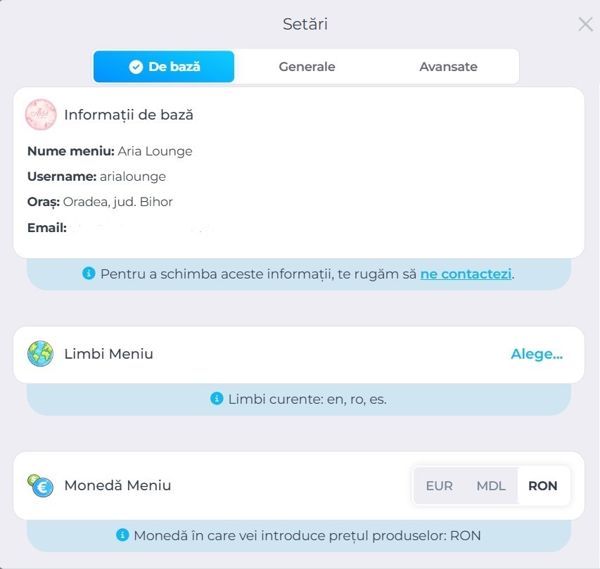 Setări de bază în panoul MeniuDigital