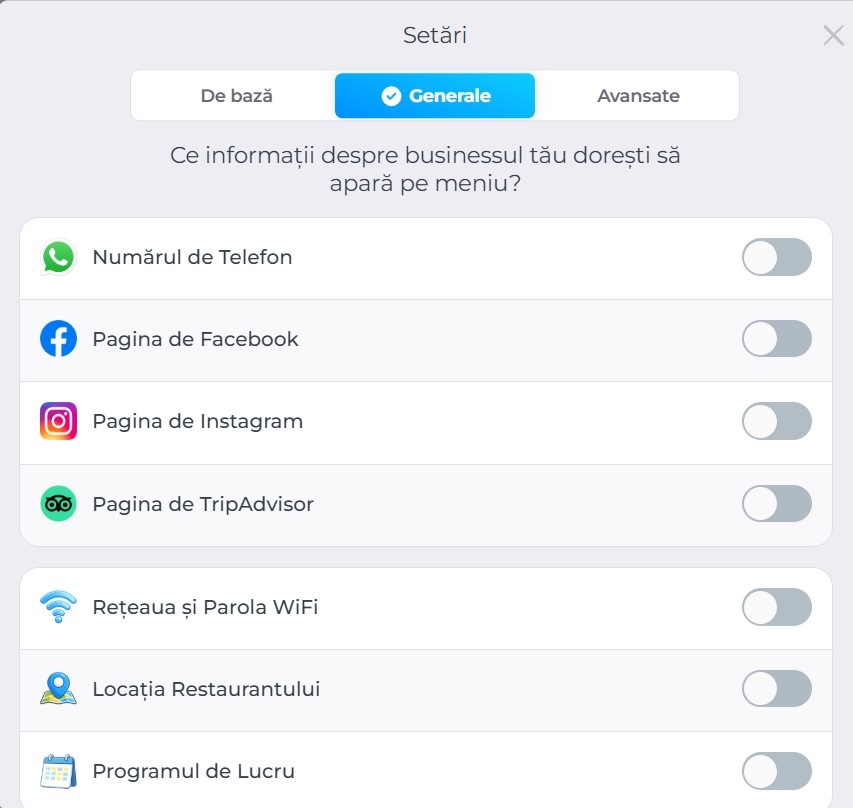 Setări generale în panoul MeniuDigital