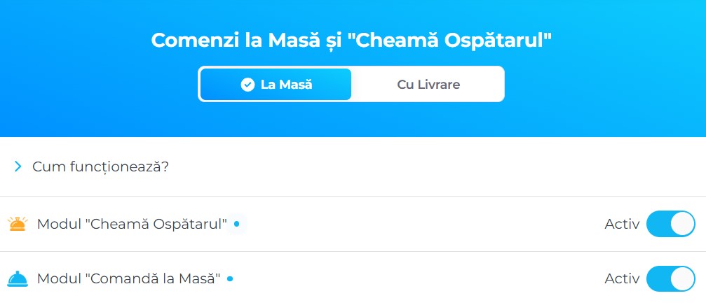 Toggle-uri pentru Cheamă Ospătarul și Comandă la Masă